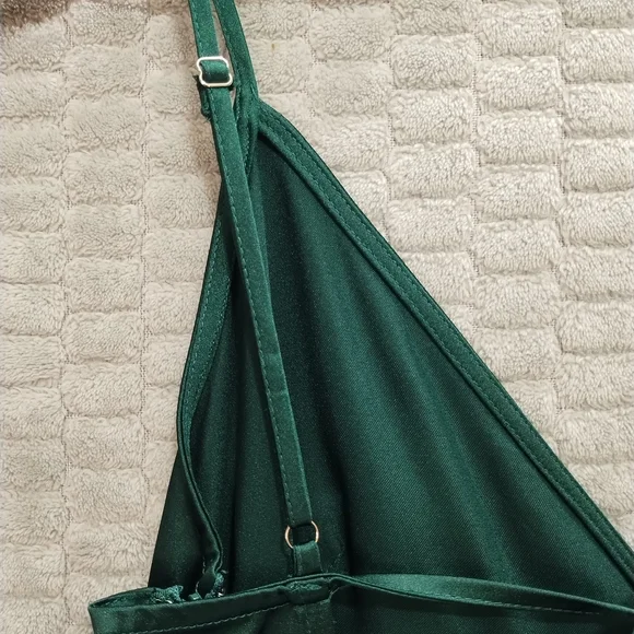 12th Tribe Green Satin Ruffle Maxi Dress High Slit-Medium - Picture 9 of 15